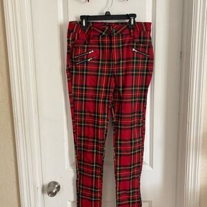 Red Plaid Trousers with Zipper Details